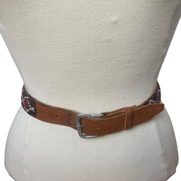 Vintage Hand Beaded Leather Belt Womens Large Red Black Southwestern Rodeo main image 5